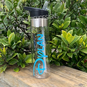 May include: A clear plastic water bottle with a black lid and a blue Disney logo and the word "Disney" written on it. The bottle has a straw.