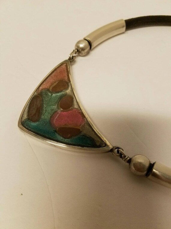 80's Choker Necklace Multicolor Enamel Pendant, L… - image 8