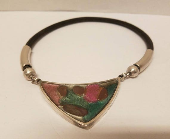 80's Choker Necklace Multicolor Enamel Pendant, L… - image 7