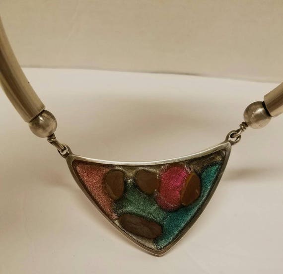 80's Choker Necklace Multicolor Enamel Pendant, L… - image 4