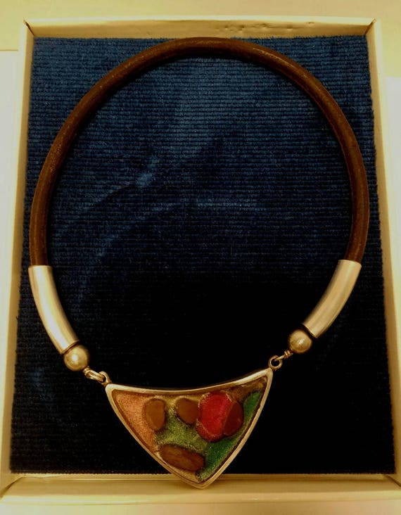 80's Choker Necklace Multicolor Enamel Pendant, L… - image 1