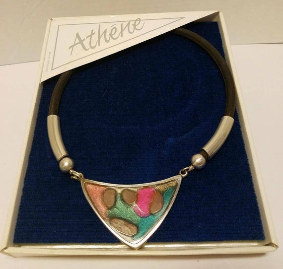 80's Choker Necklace Multicolor Enamel Pendant, L… - image 2