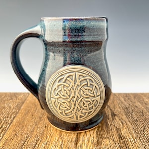 Stoneware Coffee Mug: Celtic Knot Design, Night Sky Blue Glaze