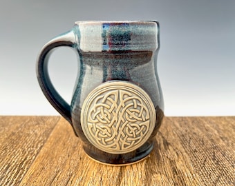 Stoneware Coffee Mug: Celtic Knot Design, Night Sky Blue Glaze