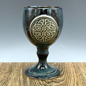 Handmade Ceramic Goblet: Celtic Knot Emblem, Night Sky Blue Glaze
