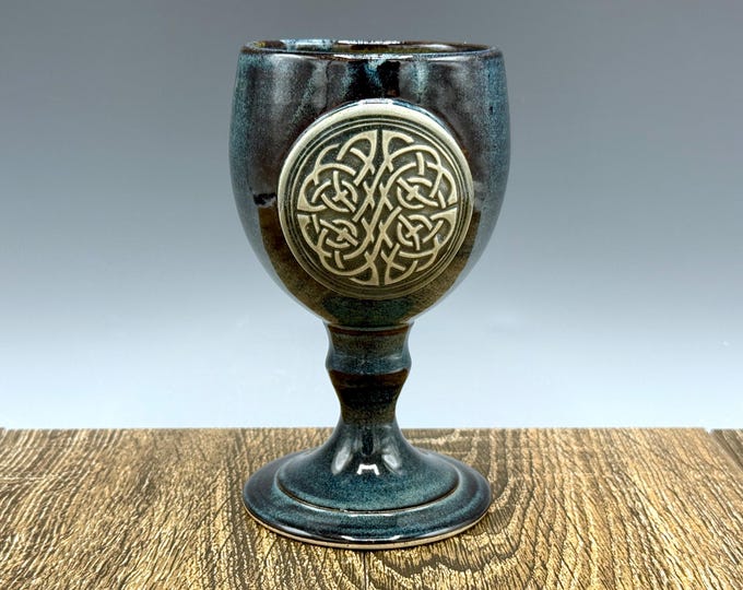 Handmade Ceramic Goblet: Celtic Knot Emblem, Night Sky Blue Glaze