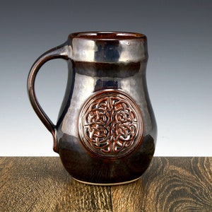 Stoneware Pottery Mug, Celtic Knot Design, 14 oz. with Metallic Brown Glaze, Great for Coffee and Tea, Microwave and Dishwasher Safe