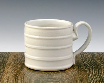 Stoneware Pottery Mug, Banded Modern Design, 12 oz. with White Matt Glaze, Great for Coffee and Tea, Microwave and Dishwasher Safe