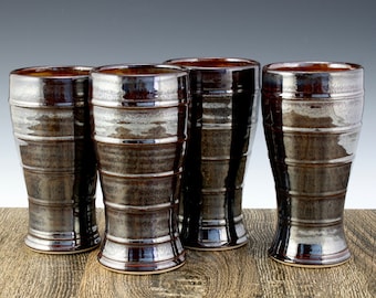 Stoneware beer glass pilsner cup set of 4,  barware with classic banding pattern | Perfect craft beer gift !