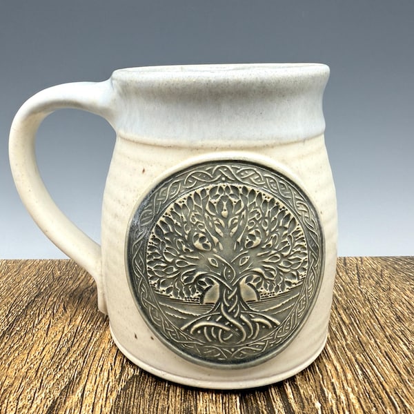 Celtic Tree of Life Pottery Mug: Stoneware Coffee Cup with Matte White Glaze