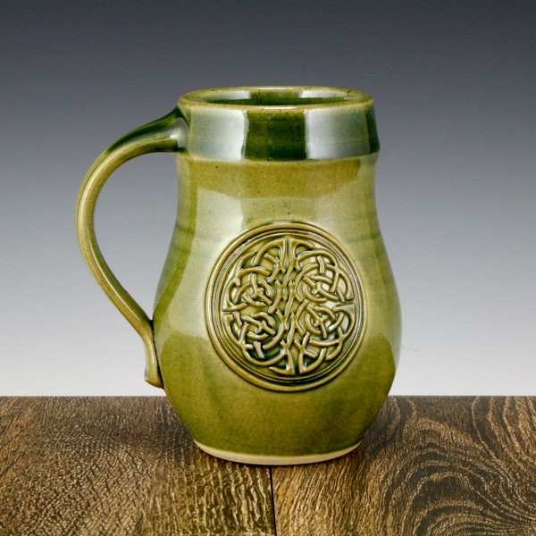 Stoneware Pottery Mug, Celtic Knot Design, 14 oz. with Emerald Green Glaze, Great for Coffee and Tea, Microwave and Dishwasher Safe