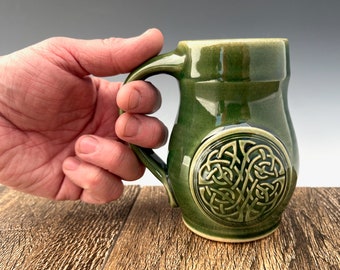 Emerald Green Stoneware Mug: Celtic Knot Coffee Cup (14 oz)