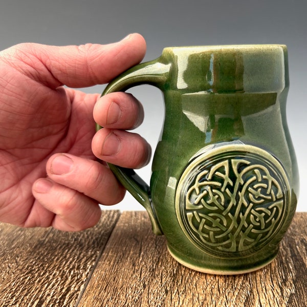 Stoneware Pottery Mug, Celtic Knot Design, 14 oz. with Emerald Green Glaze, Great for Coffee and Tea, Microwave and Dishwasher Safe