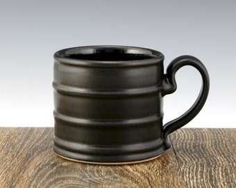 Stoneware Pottery Mug, Banded Modern Design, 12 oz. with Black Matt Glaze, Great for Coffee and Tea, Microwave and Dishwasher Safe