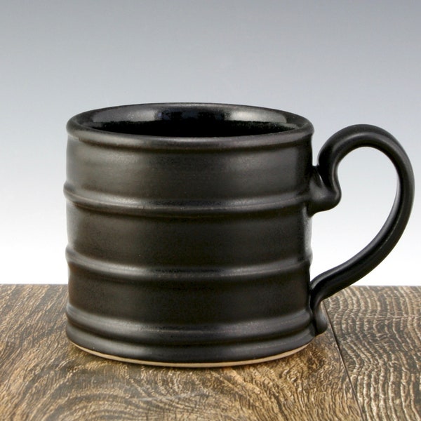 Stoneware Pottery Mug, Banded Modern Design, 12 oz. with Black Matt Glaze, Great for Coffee and Tea, Microwave and Dishwasher Safe