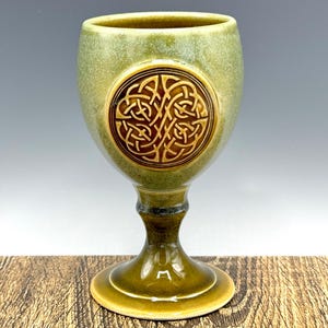 Handmade Ceramic Goblet: Celtic Knot Emblem, Cascade Green Glaze