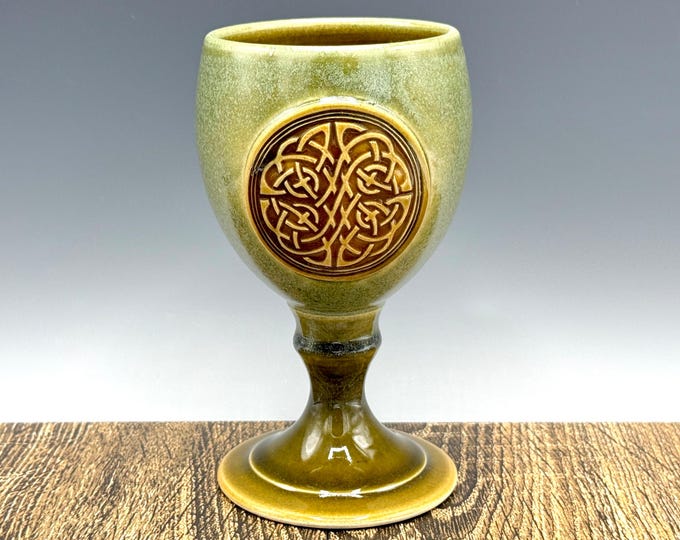 Handmade Ceramic Goblet: Celtic Knot Emblem, Cascade Green Glaze