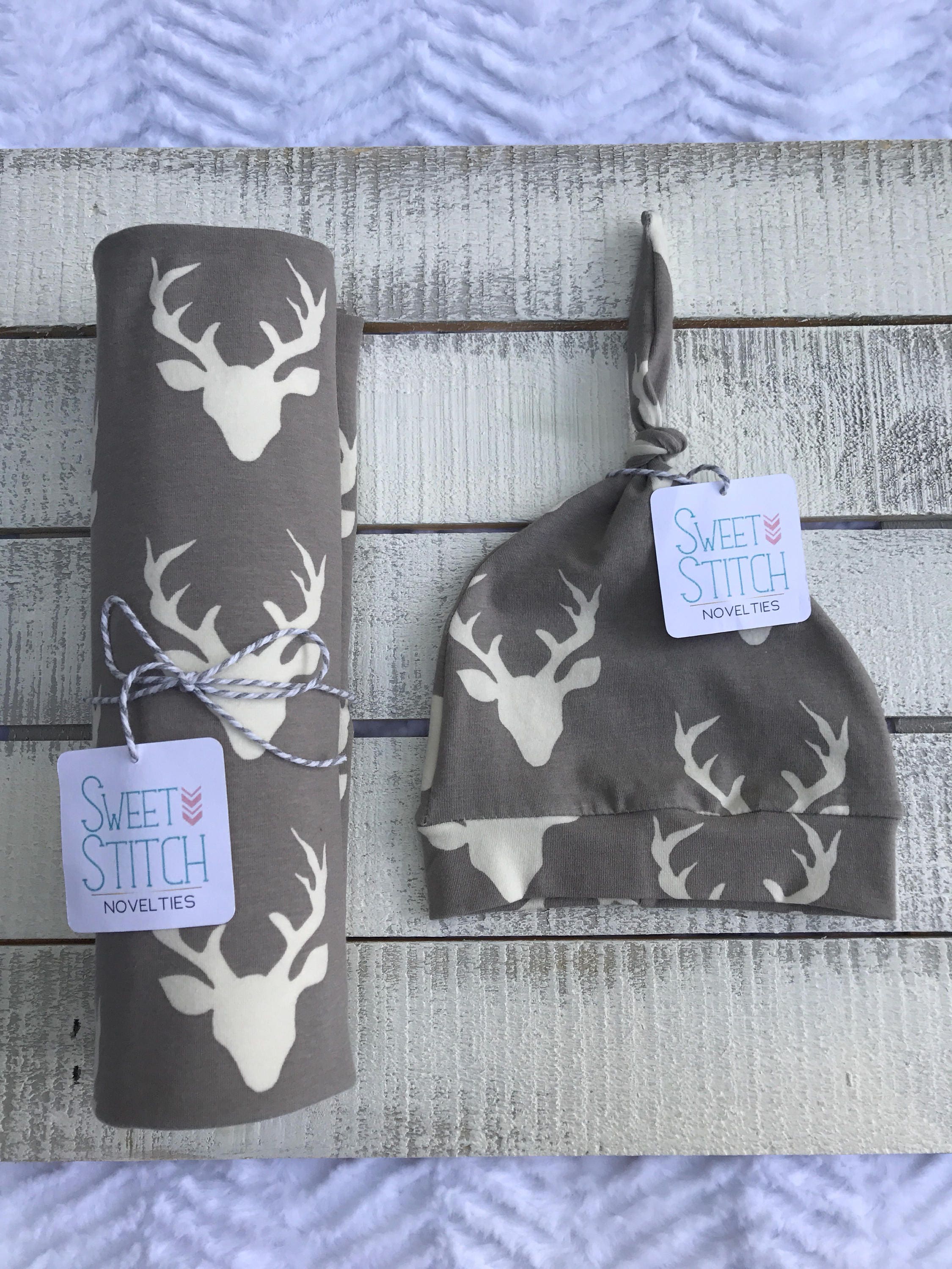 Gray Buck Swaddle Blanket Baby Swaddle Set Top Knot Hat Top Etsy