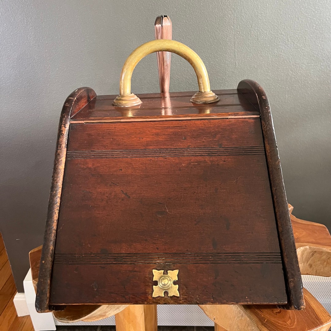 Antique Wood Coal Scuttle Coal Holder Shovel and Brush Brass Handle