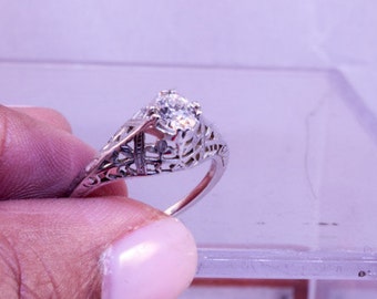 Ring,18k white gold filagree . 1/3ct Euro Cut Diamond