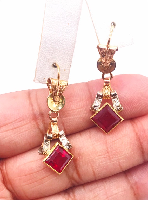 Earrings, 14k yellow gold. Synthetic Ruby. Circa 1
