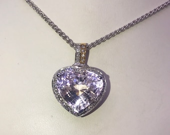 Heart shaped Pendant/Chain. 14k gold. Kunzite & Diamonds.