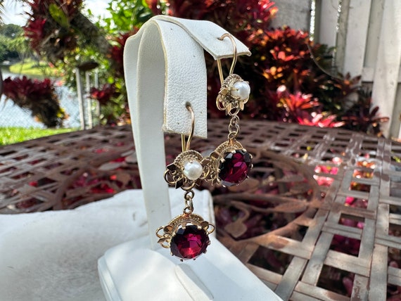 Earrings, 14k gold. Garnet & Pearl - image 2