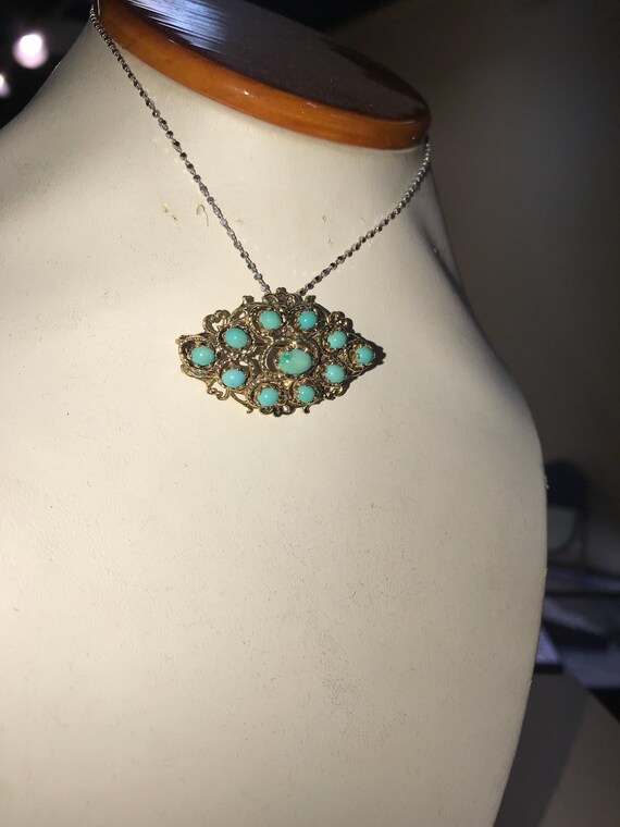 Pin, Pendant combo, Turquoise & 14k yellow gold. … - image 8