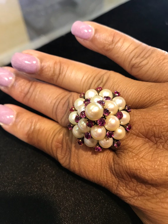 Ring,14k reddish gold, Pearl and Ruby. Circa 1950'