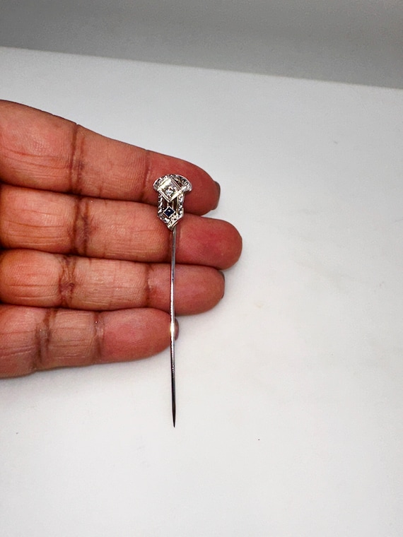 Hat pin,14k white gold. Diamond & Sapphire 1930’s - image 1
