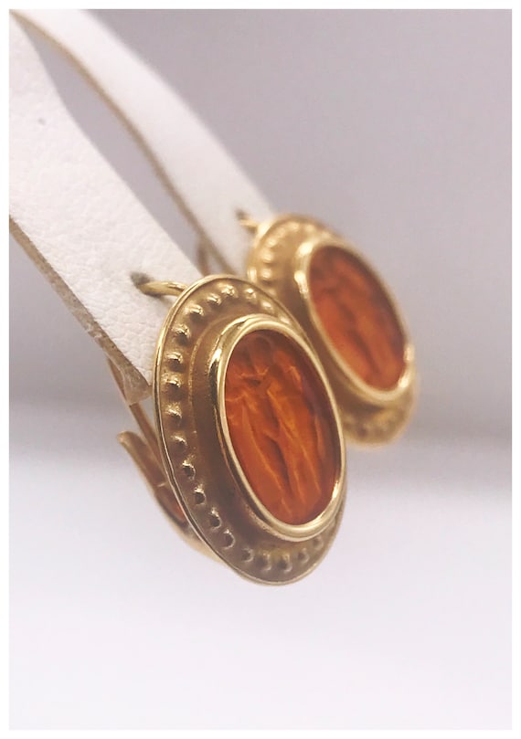 Earrings,14k yellow gold. Carved Citrine