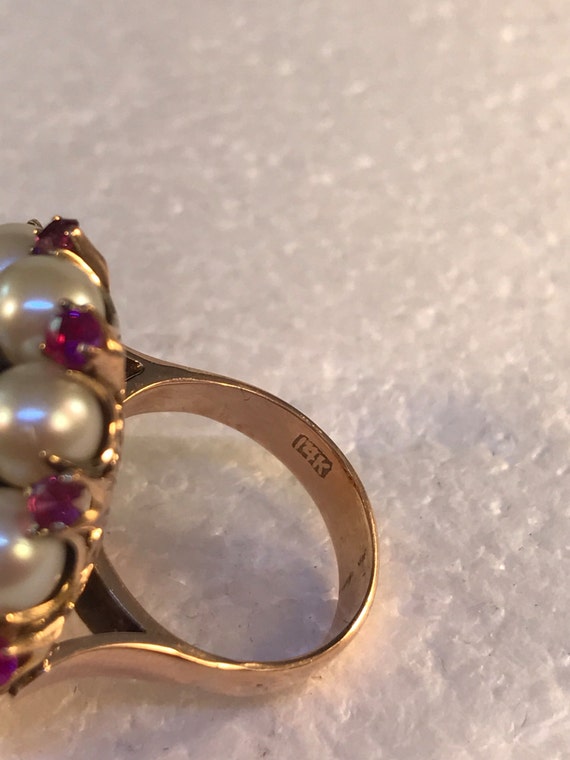 Ring,14k reddish gold, Pearl and Ruby. Circa 1950… - image 6