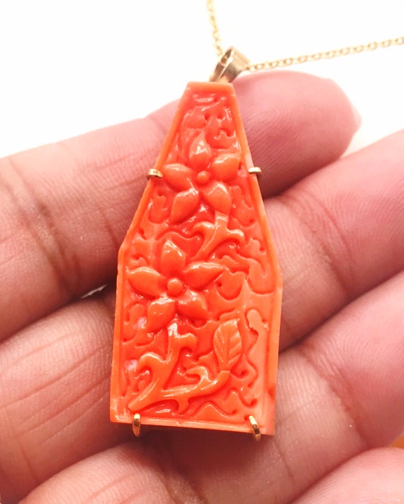 Pendant, Italian hand carved Coral, 14k yellow go… - image 10