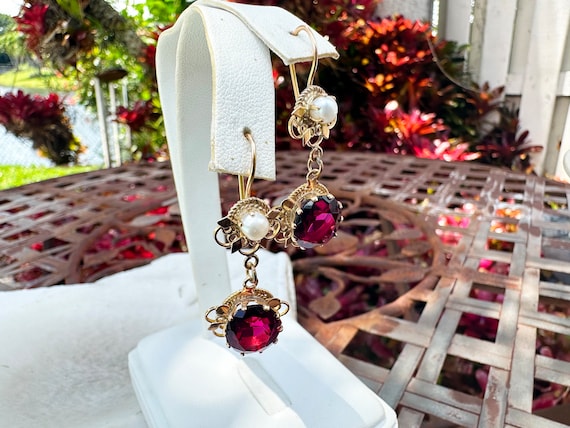 Earrings, 14k gold. Garnet & Pearl - image 3