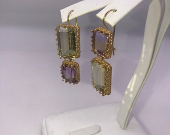 Hand made Earrings, 14k yellow gold with Peridot & Amethyst.