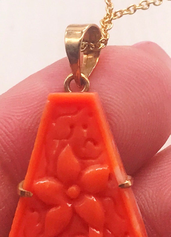 Pendant, Italian hand carved Coral, 14k yellow go… - image 8