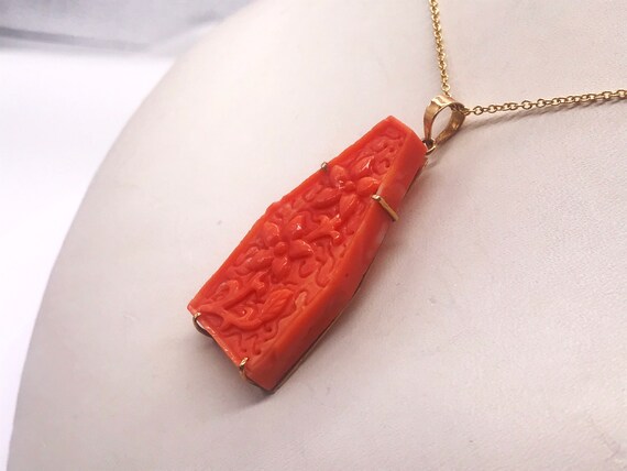 Pendant, Italian hand carved Coral, 14k yellow go… - image 5