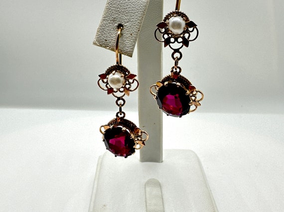 Earrings, 14k gold. Garnet & Pearl - image 8