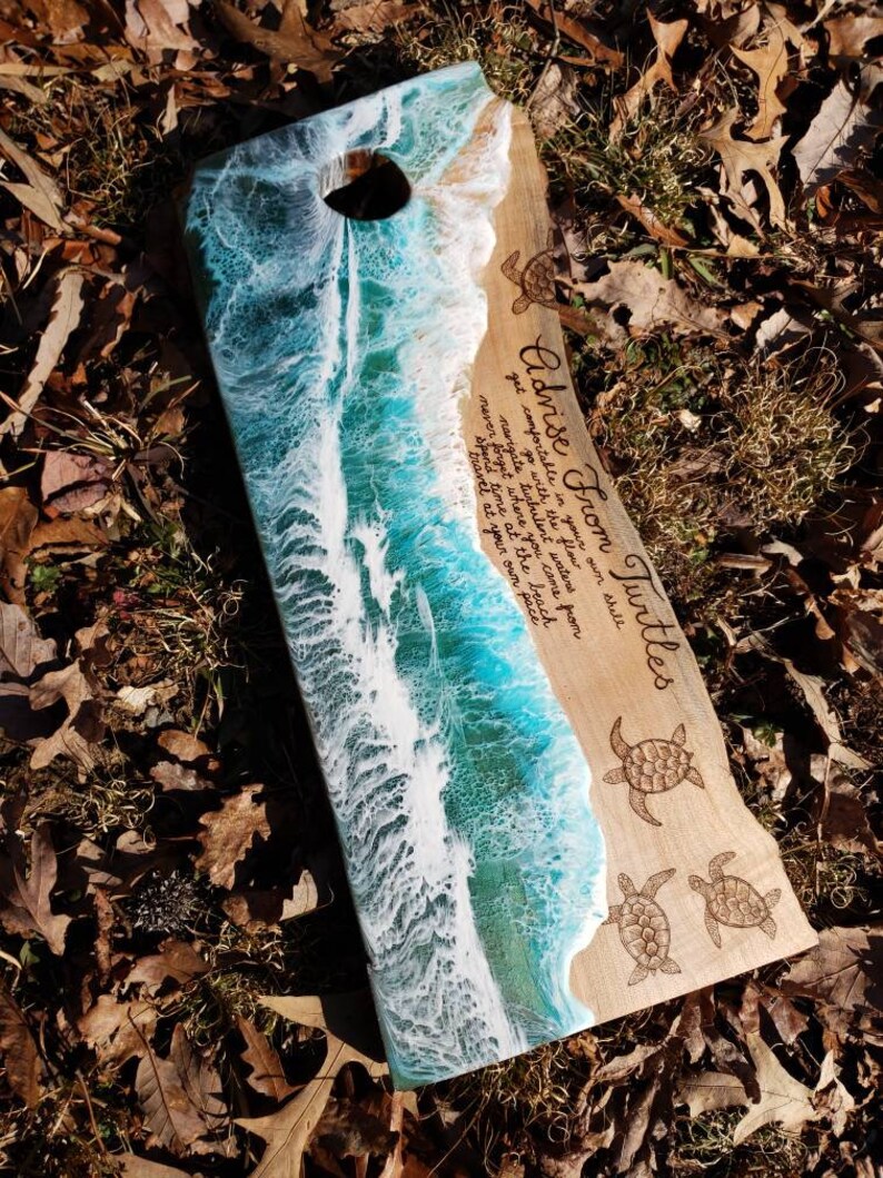 Live Edge Maple and Resin Ocean Charcuterie Board Wood Burned Sea Turtles