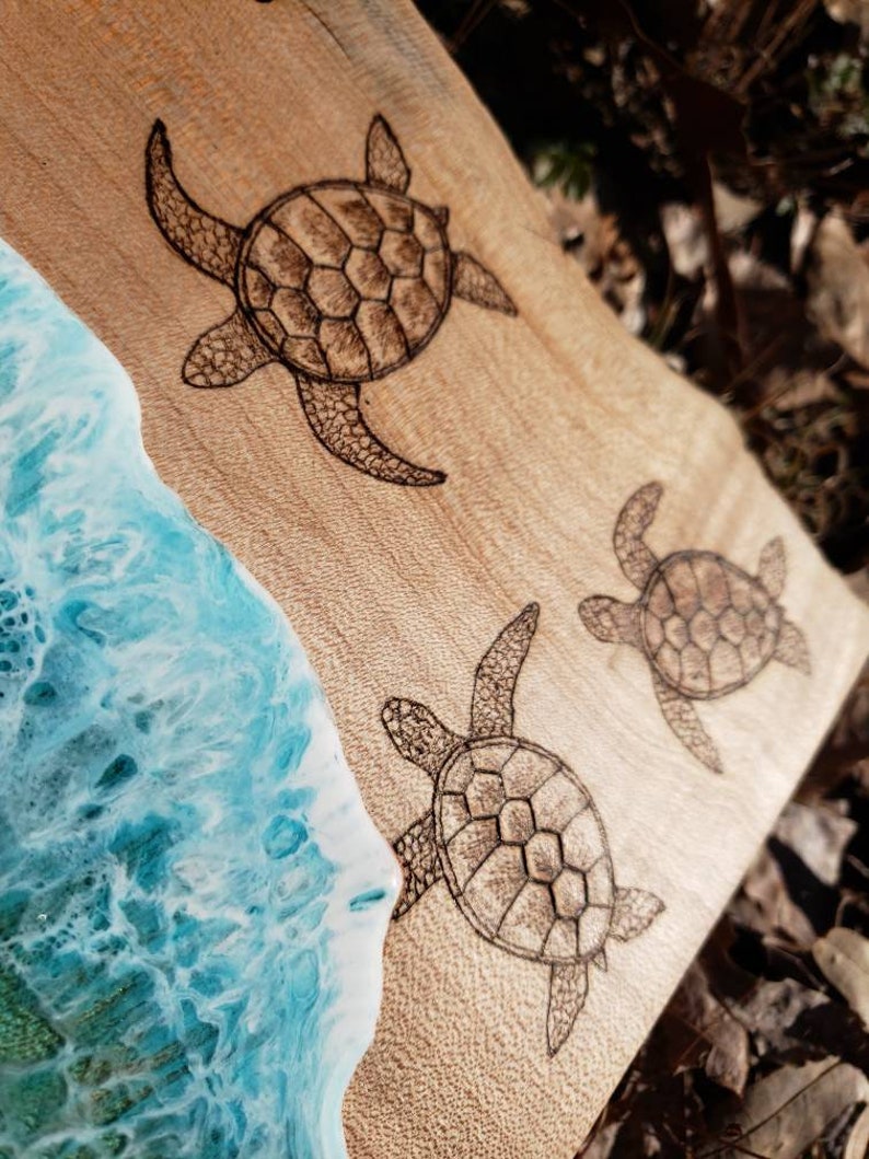 Live Edge Maple and Resin Ocean Charcuterie Board Wood Burned Sea Turtles