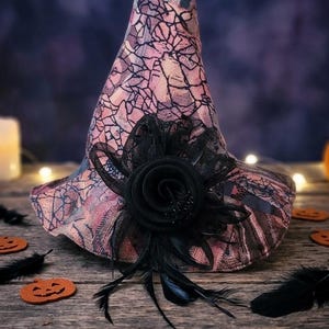 May include: A pointed hat featuring a pink and black cracked pattern fabric. The hat is adorned with a large black fabric rose and black feathers attached to the front. The design includes a wide brim and a tall, conical crown structure.