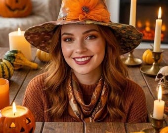 May include: A pointed witch hat featuring an orange and brown autumn-themed pattern with a large orange fabric flower at the base. The hat has a wide brim with a dark, intricate leaf print and is worn by a person with long auburn hair and a scarf.
