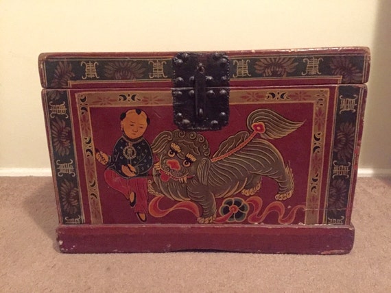Antique Hand Painted Chinese Wooden Chest W Foo Dog Boy And Etsy