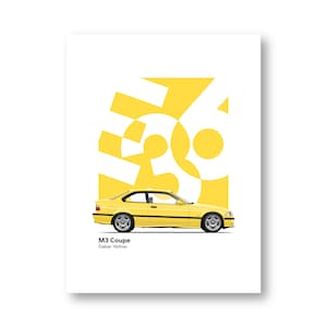 May include: A yellow M3 Coupe car illustration with a large yellow and white graphic in the background. The text "M3 Coupe Dakar Yellow" is at the bottom of the image.