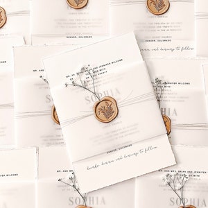 Elegant Contemporary Wedding Invitation Set with Baby’s Breath, Vellum Bellyband & Gold Wax Seal, Modern Wedding Invite