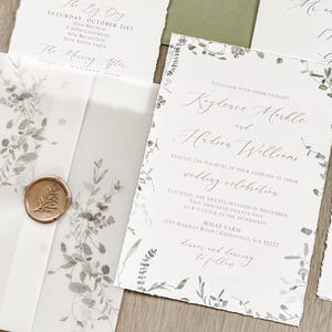 Greenery Vellum Wedding Invitation Set with Deckled Edge, Wax Seal, Elegant Eucalyptus Vine Invite