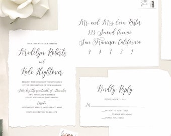 Deckled Edge Wedding Invitation Set, Printed Hand Torn Invite, Simple, Minimalist, Torn Edges, Rough Edge, Modern Calligraphy, Industrial