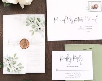 Vellum Wedding Invitation Set with Wax Seal and Watercolor Eucalyptus Greenery, Modern Elegant Invite, Botanical Olive Branch, Romantic Boho