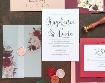 Burgundy & Blush Pink Floral Wedding Invitation Set with Wax Seal, Cabernet Plum Wine Flowers Printed on Vellum Wrap, Elegant Boho Invite