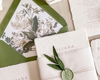Modern Letterpress Wedding Invitation Suite, Handmade Paper with Vellum, Eucalyptus Leaf & Wax Seal, Emmaline Semi Custom Invitation Deposit